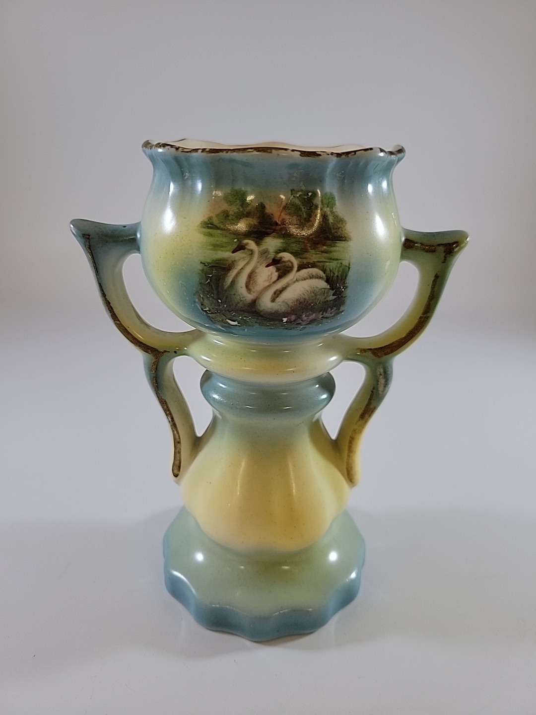Czechoslovakian Two Swans Urn Pottery Vase With Gold Trim