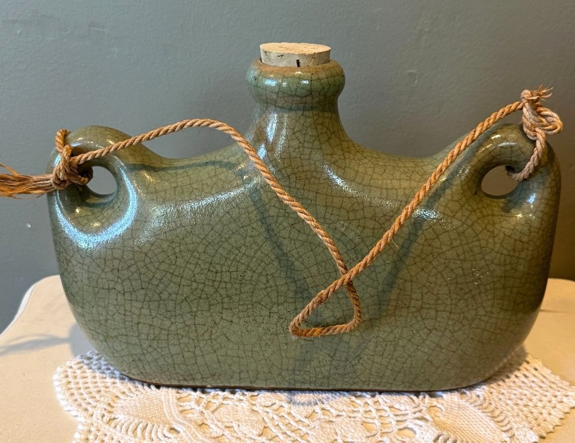 Thai Celadon Green Crackle Glaze Ceramic Canteen Flask with Rope