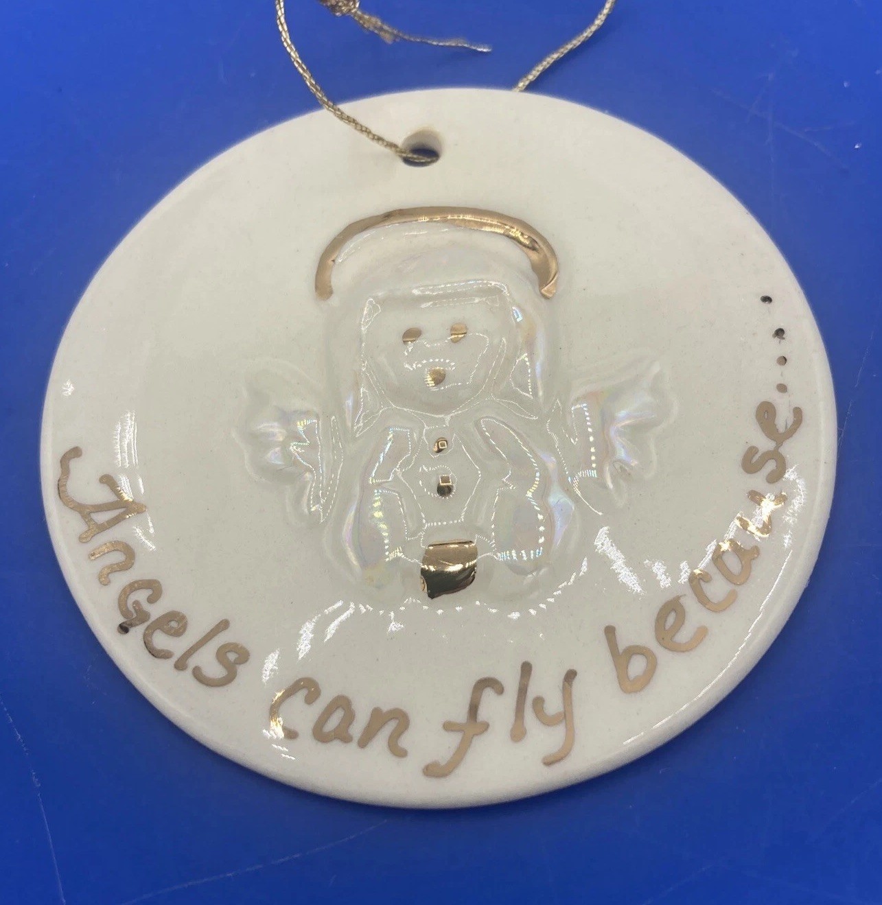 Vtg Clay Angel Christmas Ornament Angels Can Fly Bc They Take Themselves Lightly