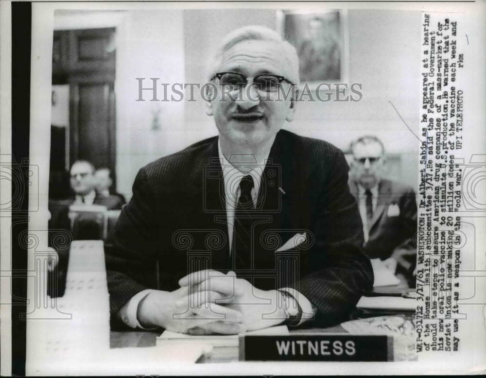 1961 Press Photo Dr.Albert Sabin at the hearing of House Health subcommittee 1961 Press Photo Dr.Albert Sabin at the hearing of House Health subcommittee