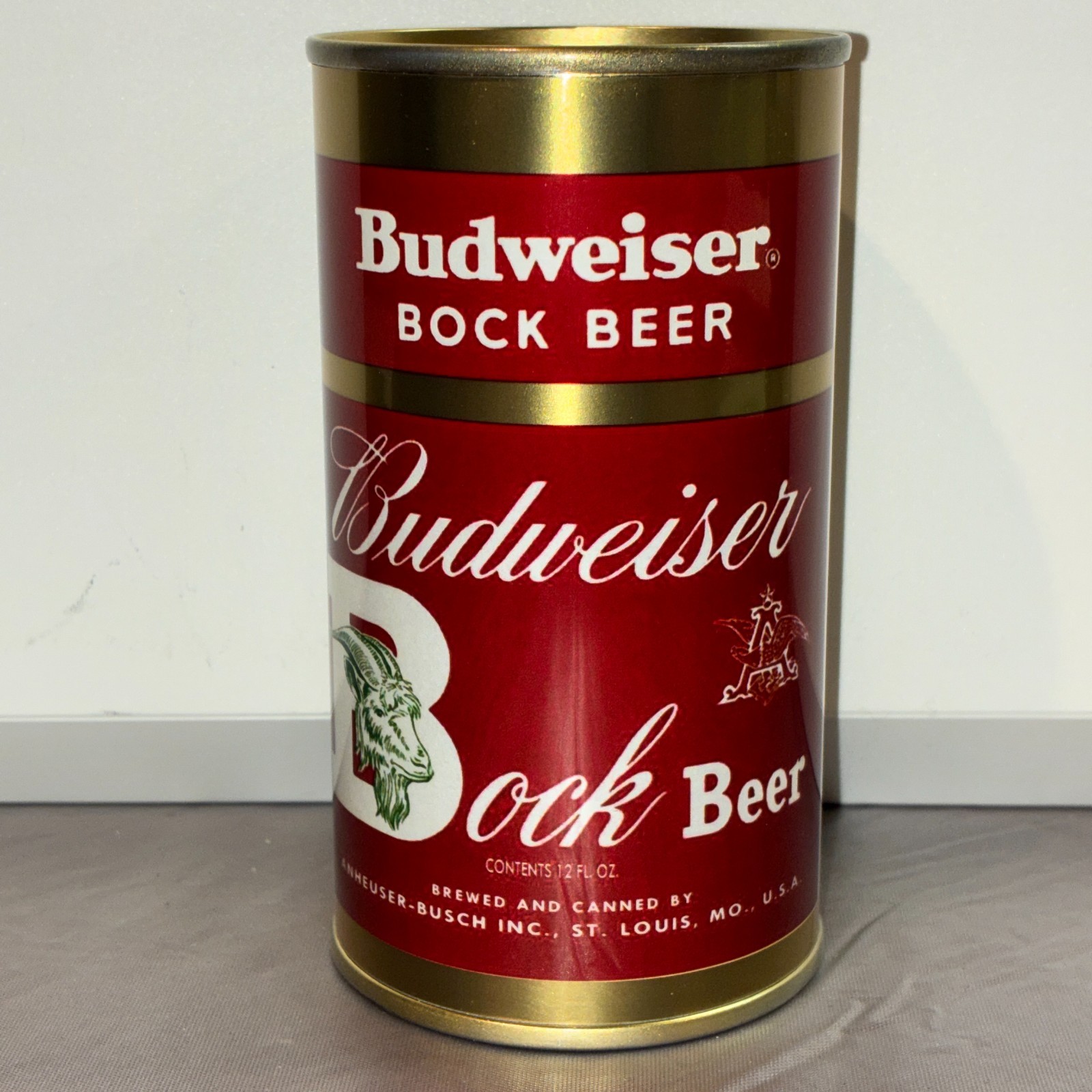 METALLIC Budweiser Bock REPLICA/NOVELTY beer can, plastic label
