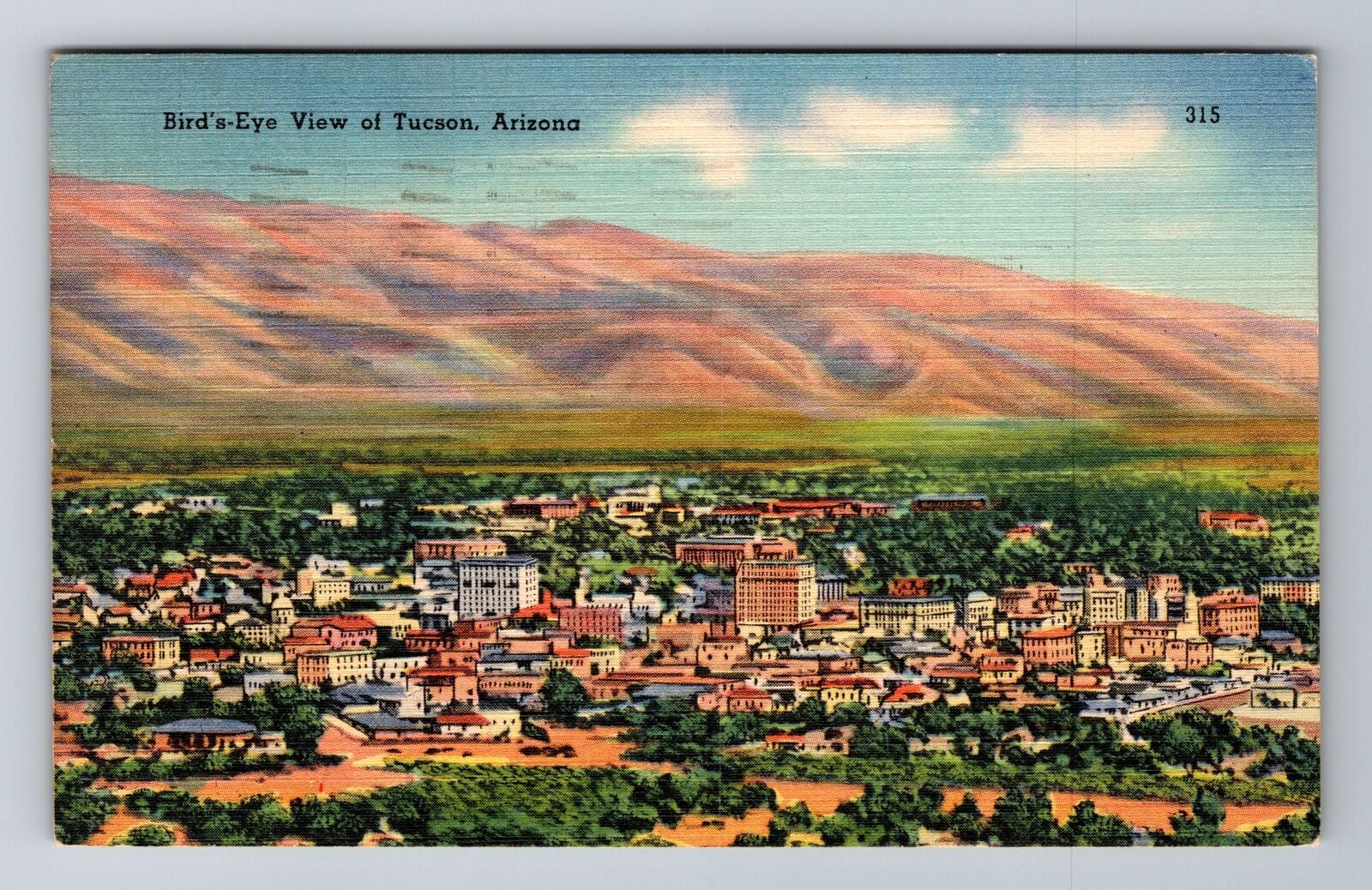 Tucson AZ-Arizona, Aerial Of Town Area, Antique, Vintage c1945 Souvenir Postcard