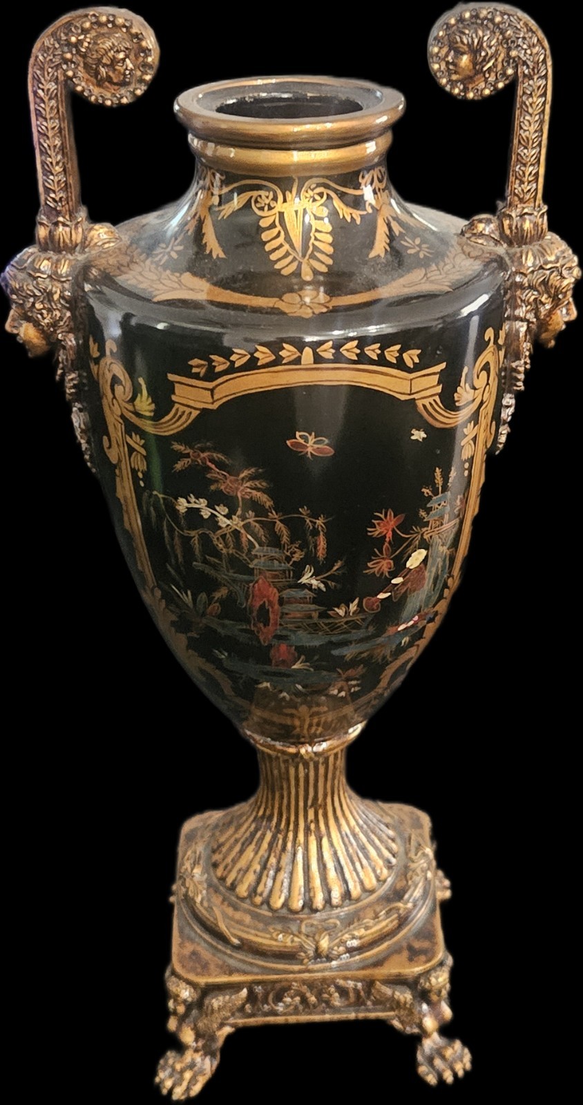 Vintage Chinese Empire-Style Vase Ornate Gilt Handles – Painted Chinoiserie 17\