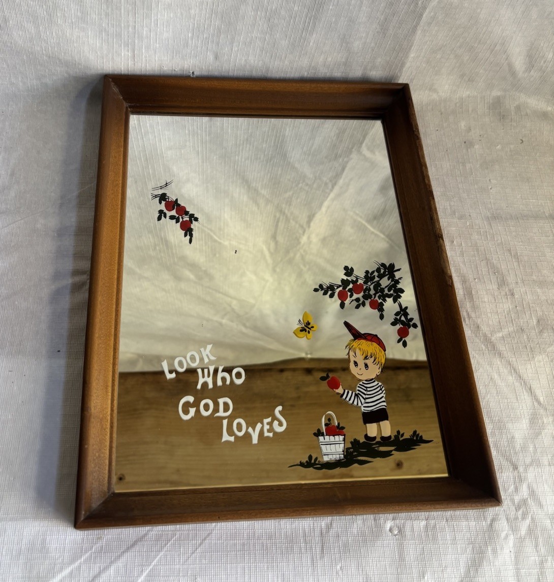 Vintage 1970s Dicksons Look Who God Loves Wood Framed Mirror Boy Kitsch Retro