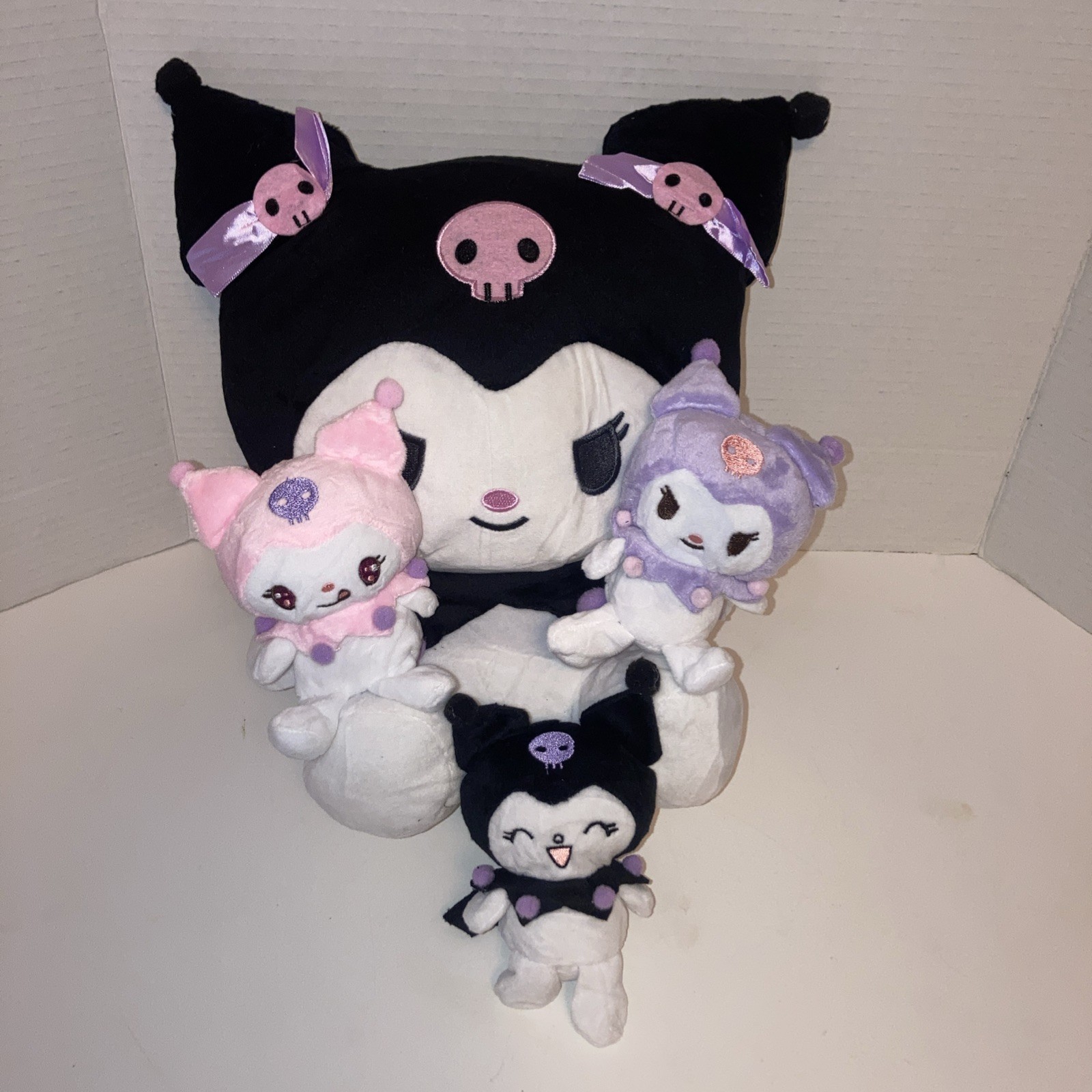 Sanrio Kuromi 4pc Plush Stuffed Animal Lot, Black Purple Pink Jester Costume