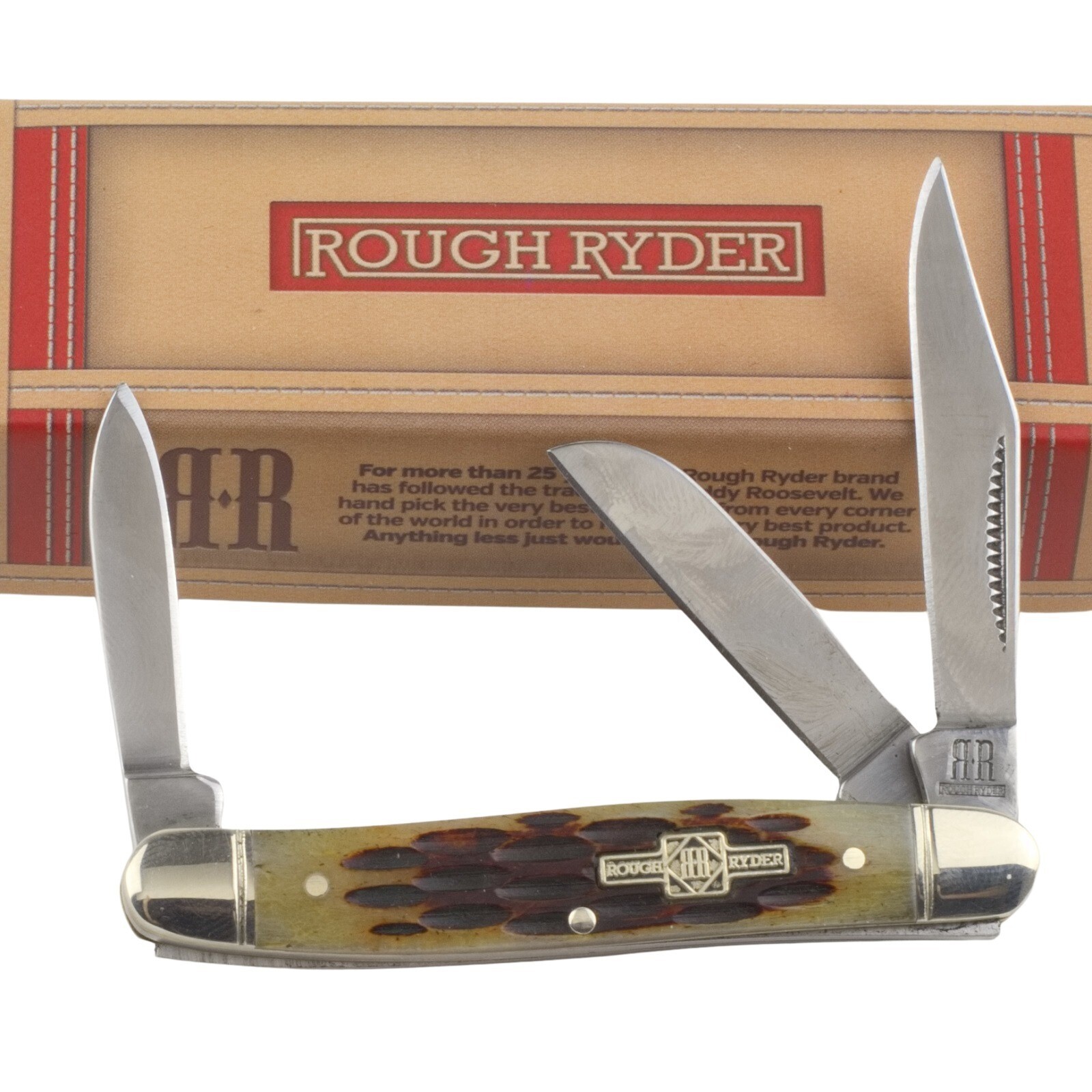 Rough Rider Small Amber Jigged Bone Stockman Pocket Knife RR194