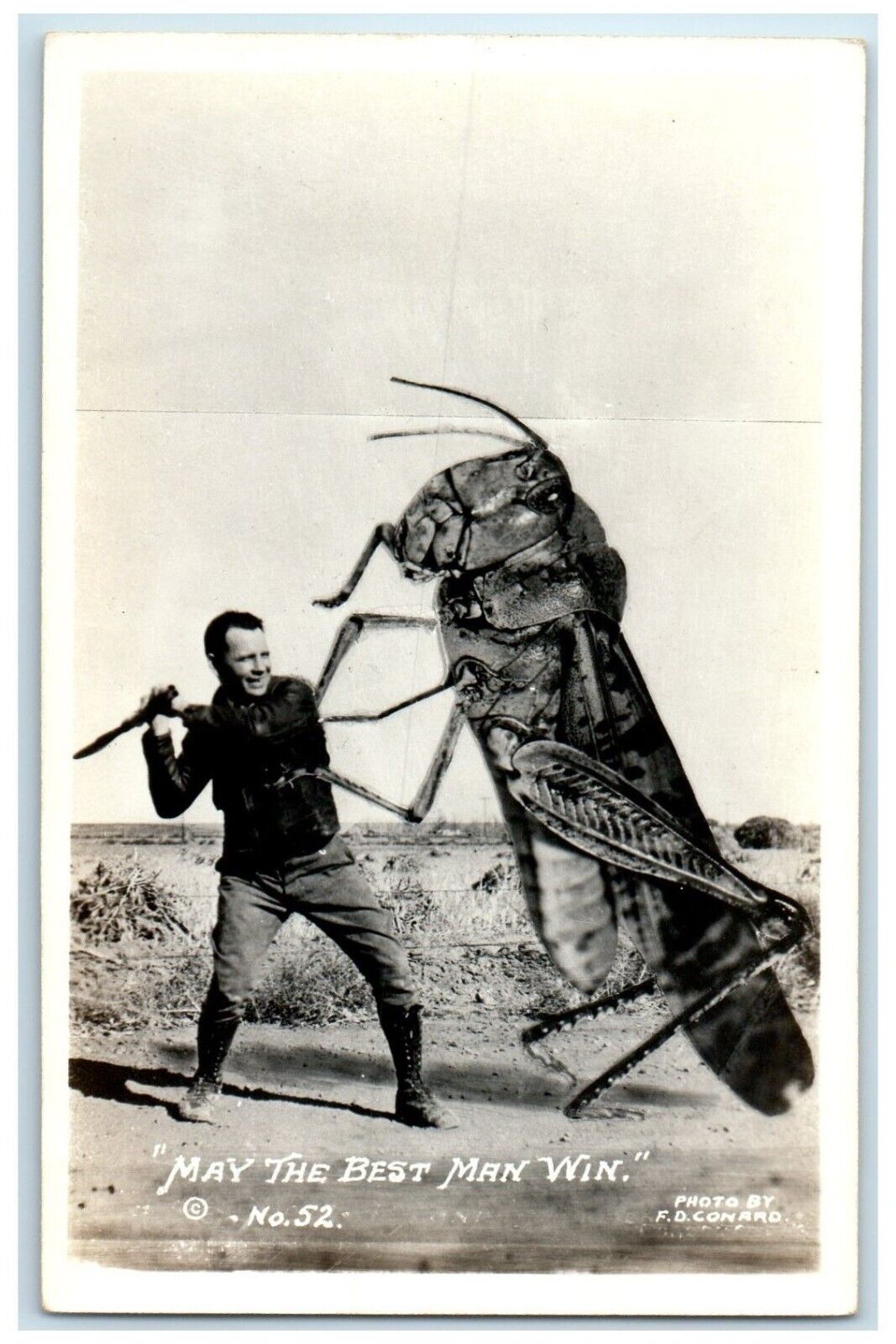 c1940's Exaggerated Grasshopper May The Best Man Win RPPC Photo Vintage Postcard
