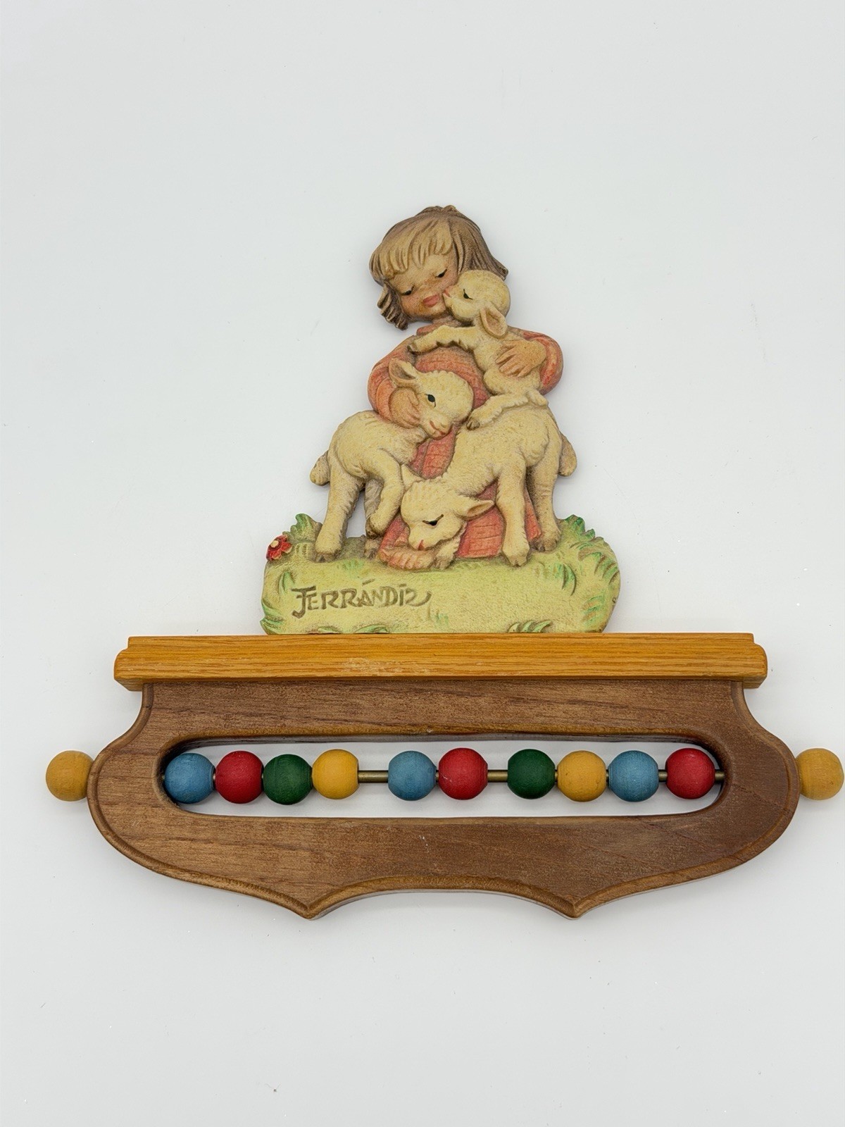 ANRI Ferrandiz Italy wood carving nursery wall decor child w/ lambs abacus
