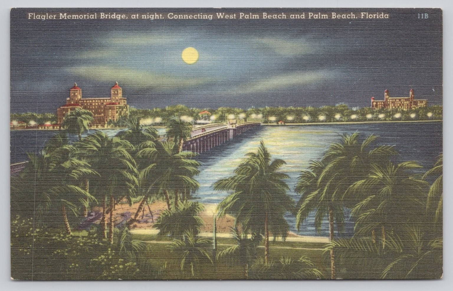 Flagler Memorial Bridge West Palm Beach Florida Night Linen Postcard 1953
