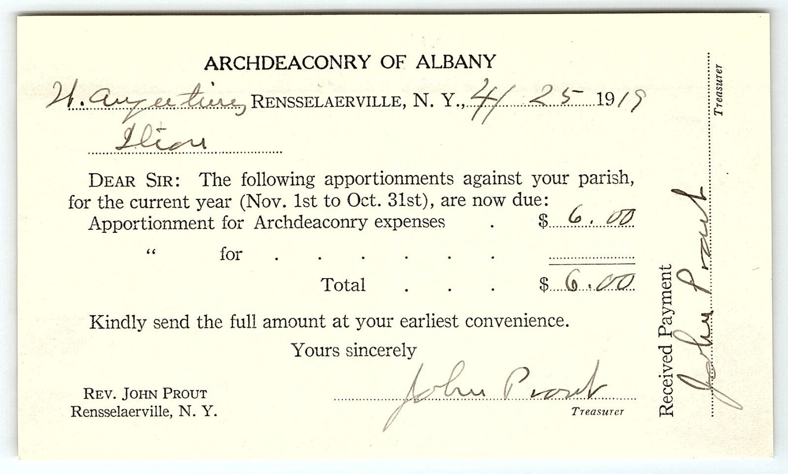 1919 RENSSELAERVILLE NEW YORK ARCHDEACONRY OF ALBANY APPORTIONMENT INVOICE Z4585