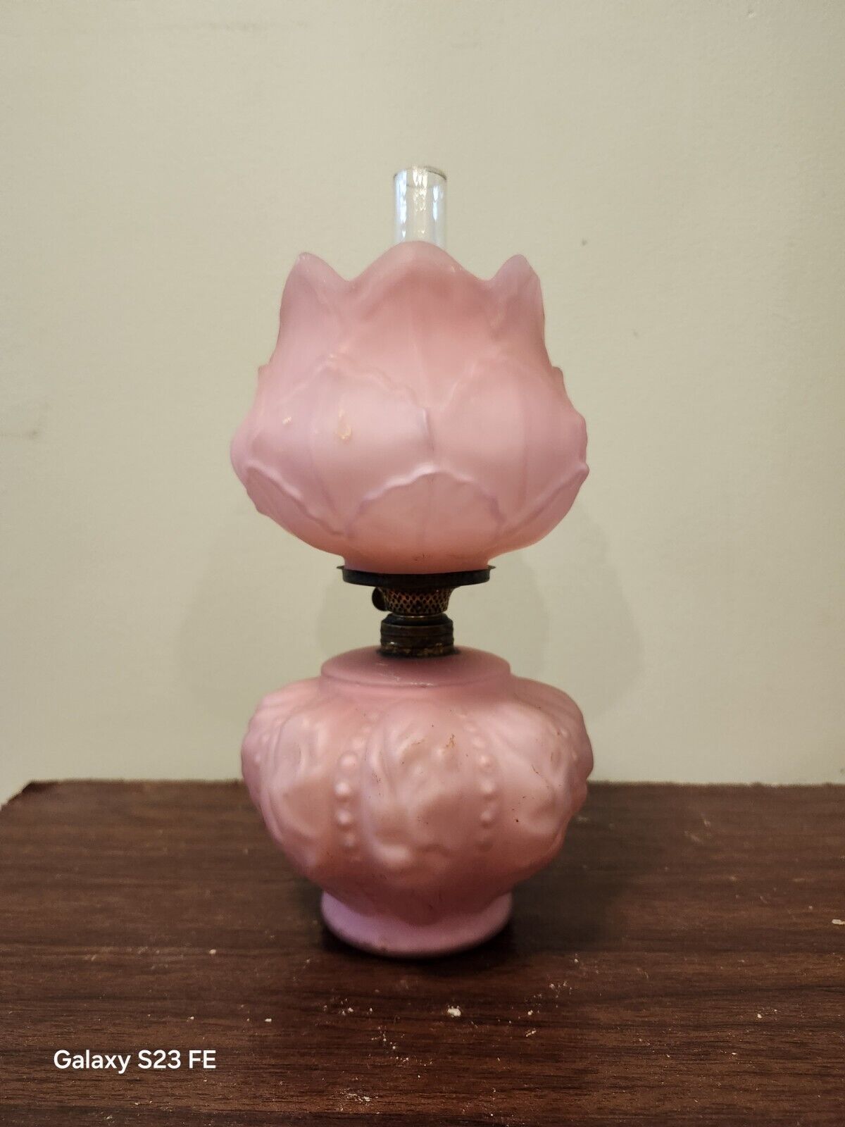 Antique Pink Satin Glass Miniature Oil Lamp 