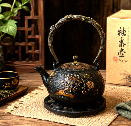 Cast Iron Japanese Tetsubin Teapot Kettle Cherry Blossoms & Birds w/trivet, box