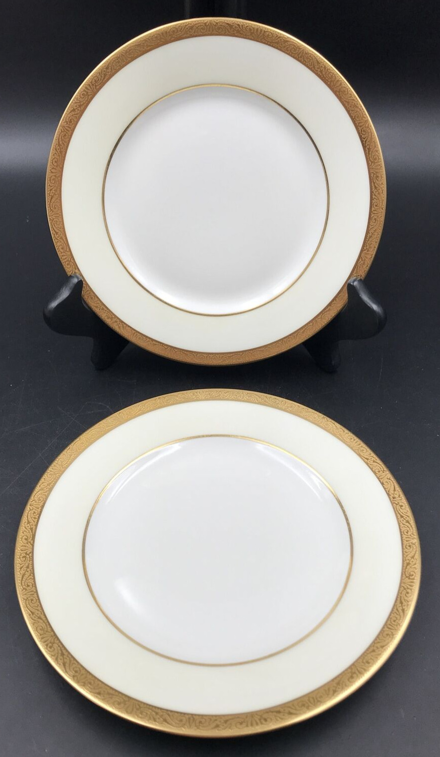 2 Theodore Haviland Limoges France Embossed Design Gold Rim Salad Plates 7.5\