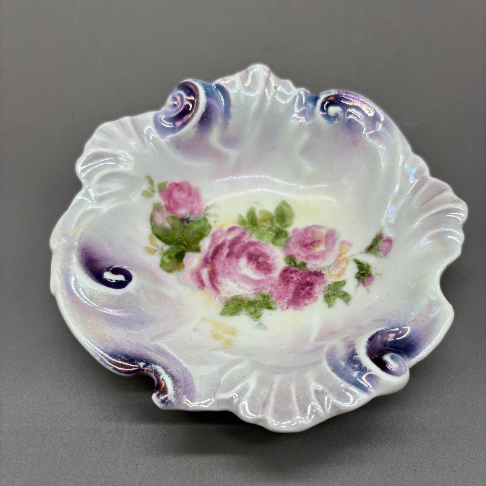 Antique Johann Seltmann JSV Germany Porcelain Trinket Dish Roses Purple Lustre