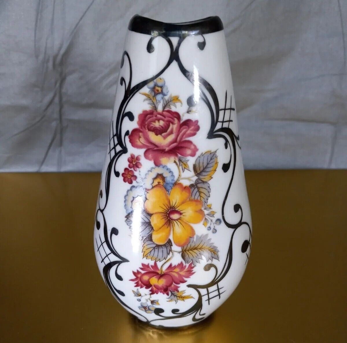 Vintage Bohemia JN Barcelona Porcelain Floral Vase w/ Silver Overlay  6\