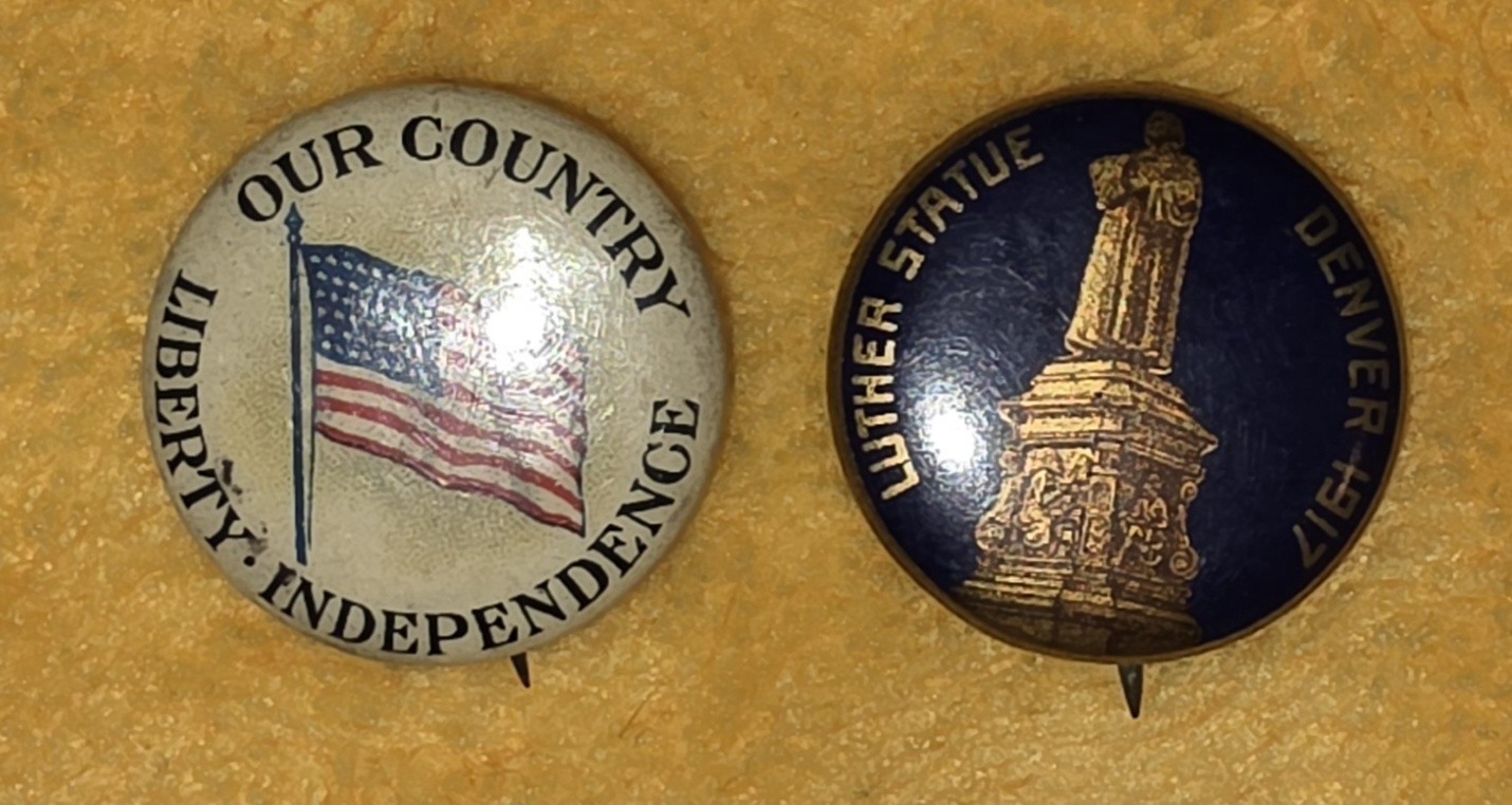 Rare Antique 1917 Luther Statue Denver & US Flag Pinback Button Pair W&H Paper