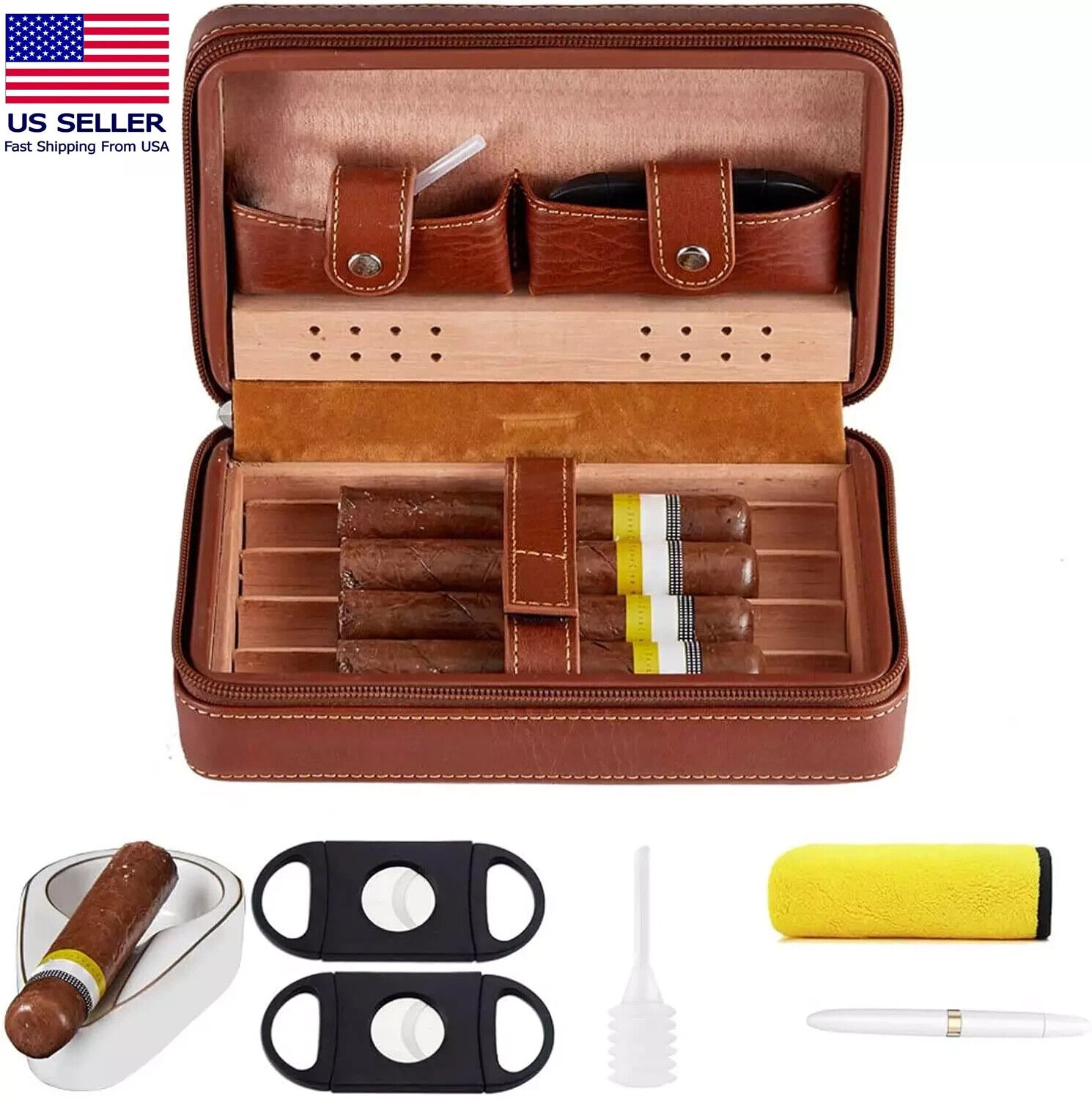 Cigar Humidors, Portable Humidor Travel Men\'S Gifts Brown Leather Cigar 6 Set