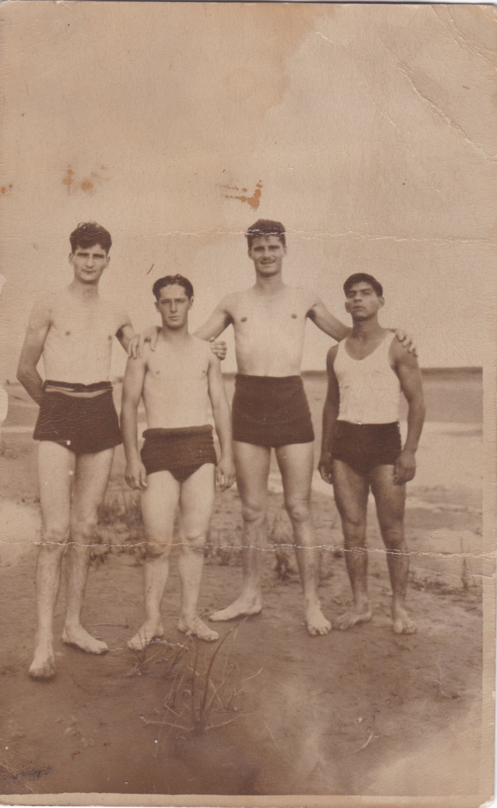 Vintage photo - Four buff buds at the beach - Stylish, shirtless - Gay interest Vintage photo - Four buff buds at the beach - Stylish, shirtless - Gay interest
