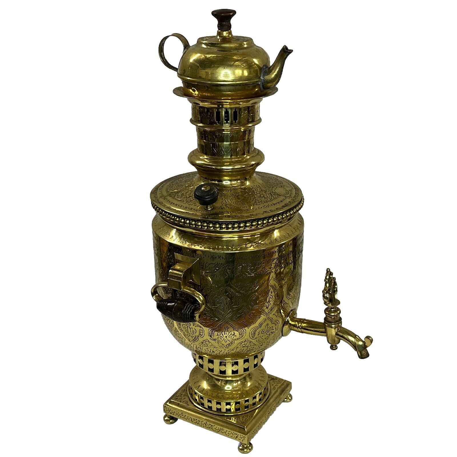Antique Russian Engraved Brass Large Samovar