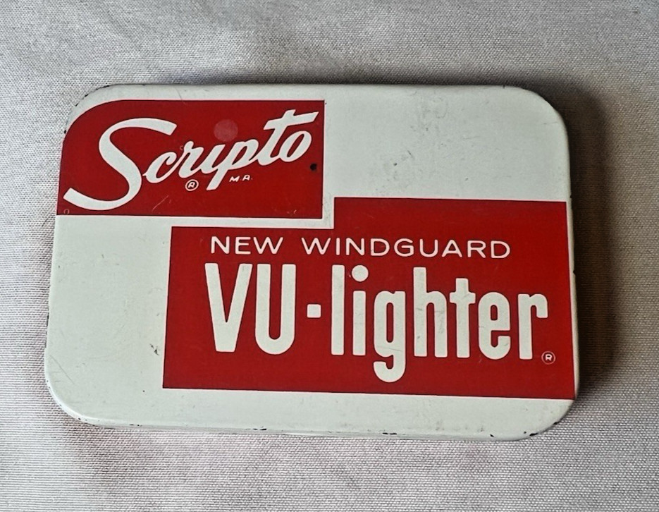 VINTAGE SCRIPTO VU Lighter Tin EMPTY Red & White New Windguard w Paper Z VINTAGE SCRIPTO VU Lighter Tin EMPTY Red & White New Windguard w Paper Z