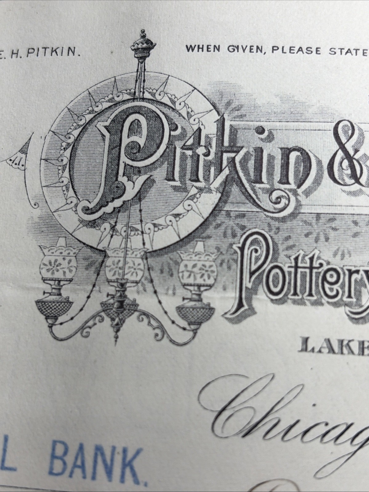 Pitkin And Brooks Pottery Lamps, Glassware, Graphic Bill Head Chicago 1894 Pitkin And Brooks Pottery Lamps, Glassware, Graphic Bill Head Chicago 1894