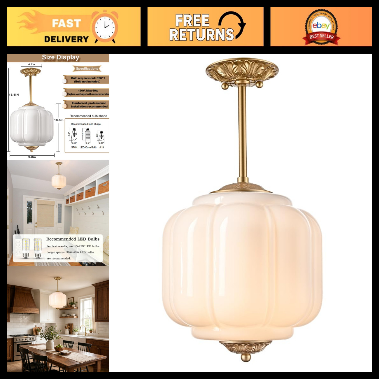 Antique White Vintage Milk Glass Ceiling Light Fixture - 9.8\