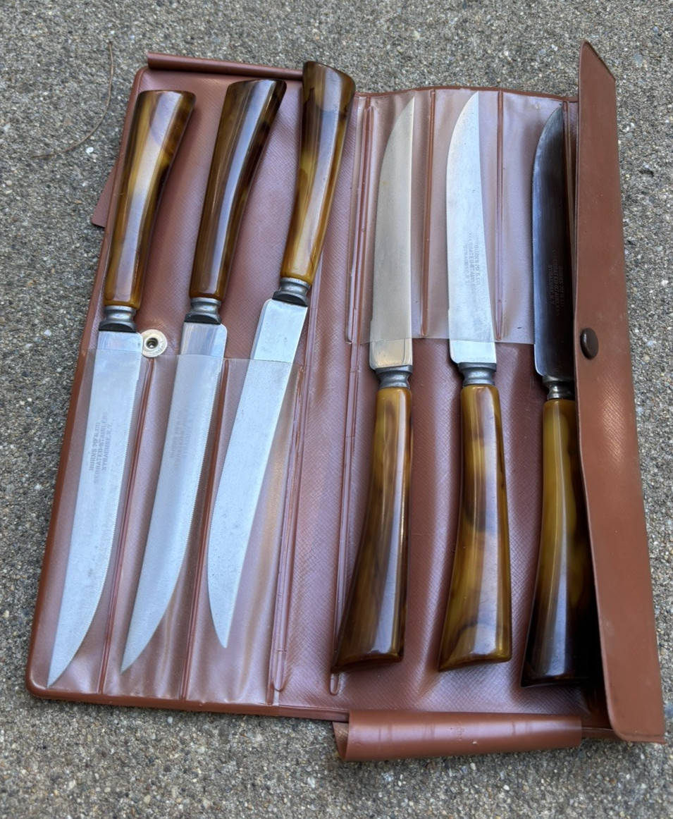 Vintage Burns Bakelite Steak Knives Set 6 w/case Syracuse NY