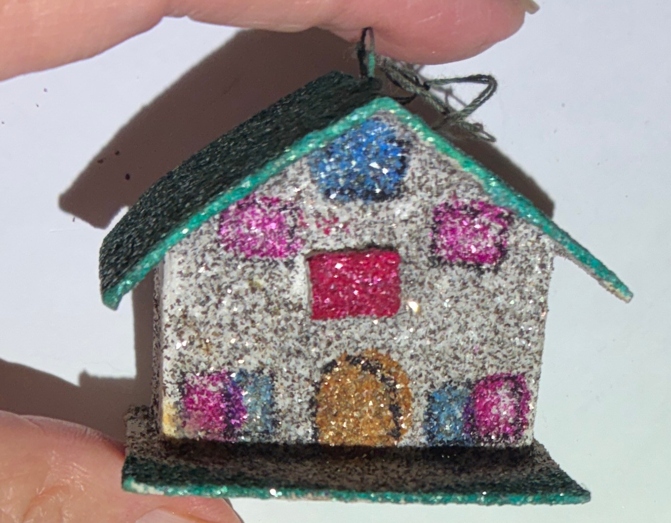 VTG Mini 2.” Putz House Christmas Ornament Mica Glitter Cardboard Japan Sticker