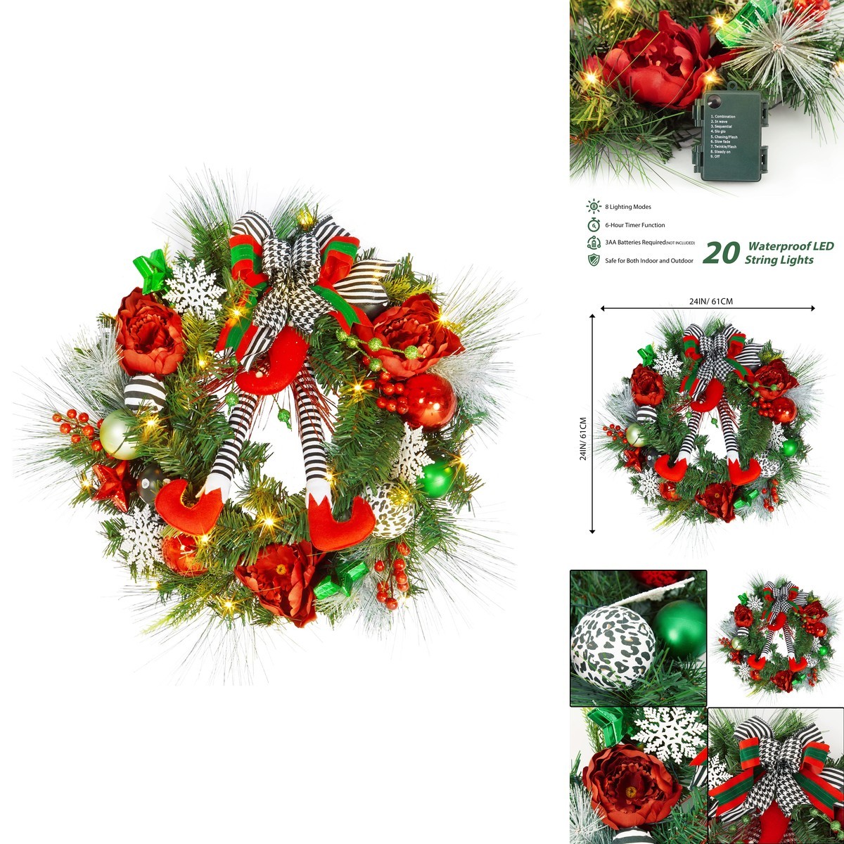 24 Inch Pre-Lit Christmas Wreath with 20 Lights Red & Green