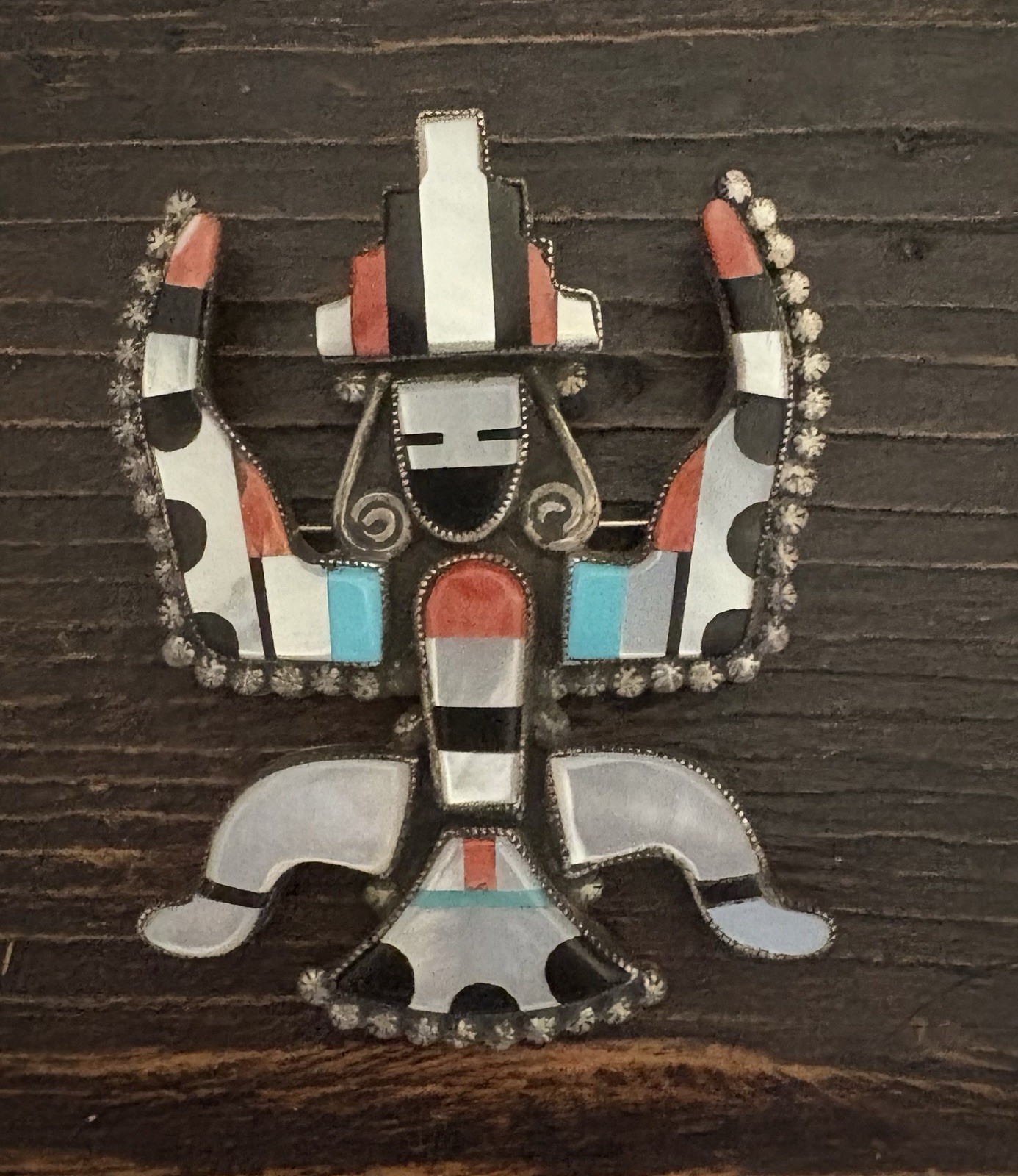Large Zuni Knifewing Dancer Pin Pendant RW Regina Wallace Sterling Inlay