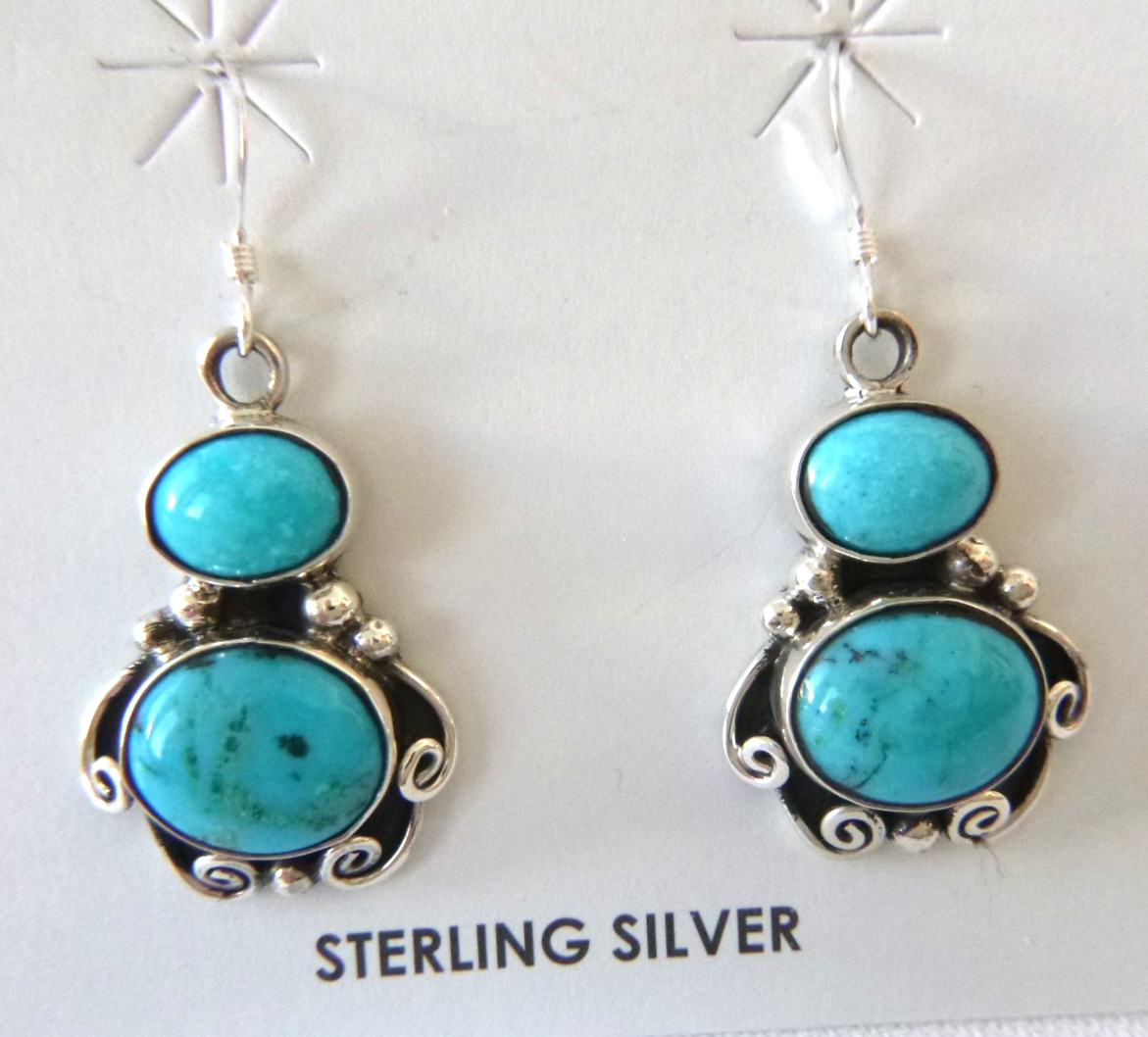NWT Navajo Sheena Jack Kingman Turquoise 1.5 Drop Earrings  925 Sterling Silver