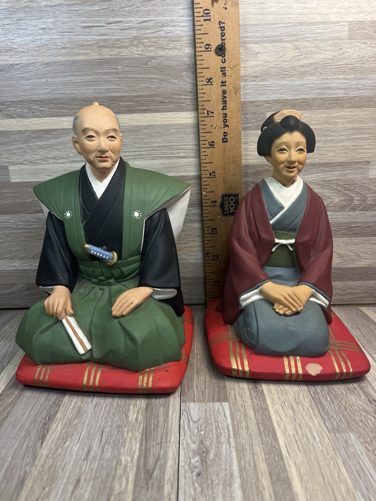 RARE 1950 STUNNING JAPANESE HAKATA URASAKI CLAY PARENTS OF BRIDE GROOM FIGURINES
