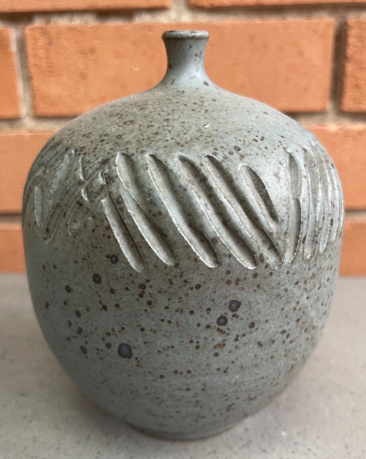 Small Vintage 70s Gray Studio Pottery Ceramic Stoneware Spout Vase Modern Signed