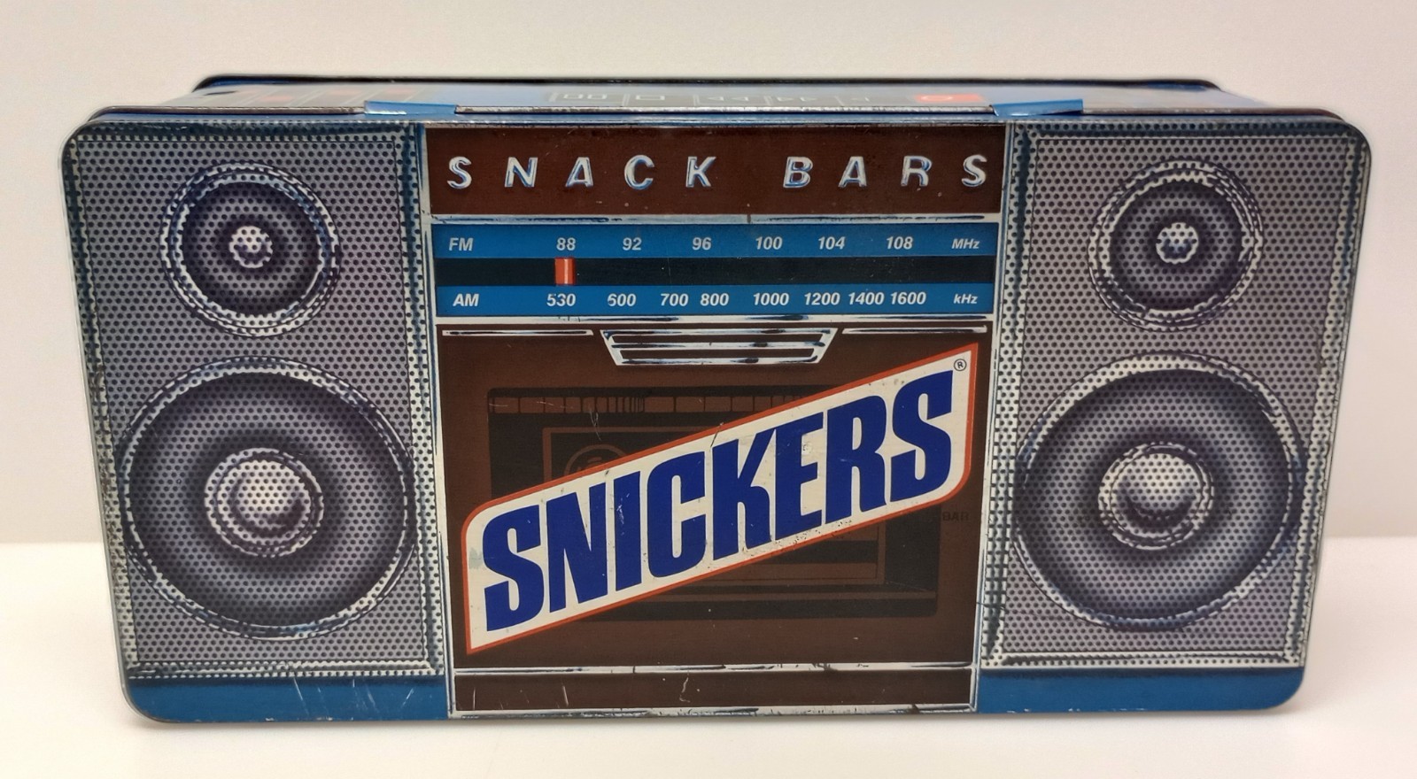 Vintage Snickers BoomBox Metal Tin 1989 Blue Retro Advert Made in England Candy