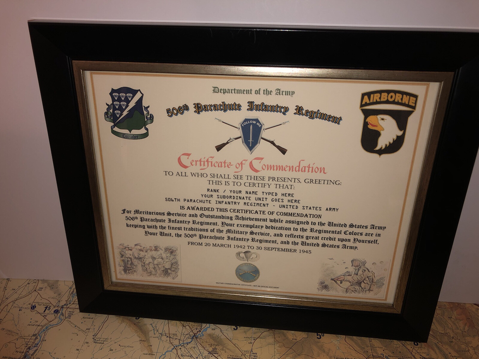 506TH PARACHUTE INFANTRY REGIMENT / COMMEMORATIVE - CERTIFICATE OF COMMENDATION