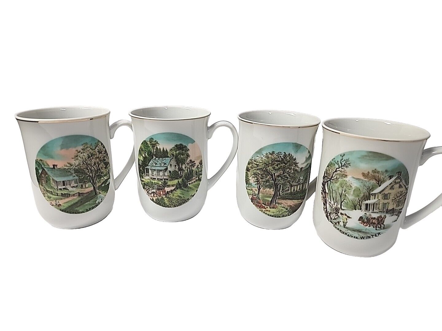Set of Vintage Currier Ives Four Seasons Porcelain Coffee Tea Mug Cup Gold Trim
