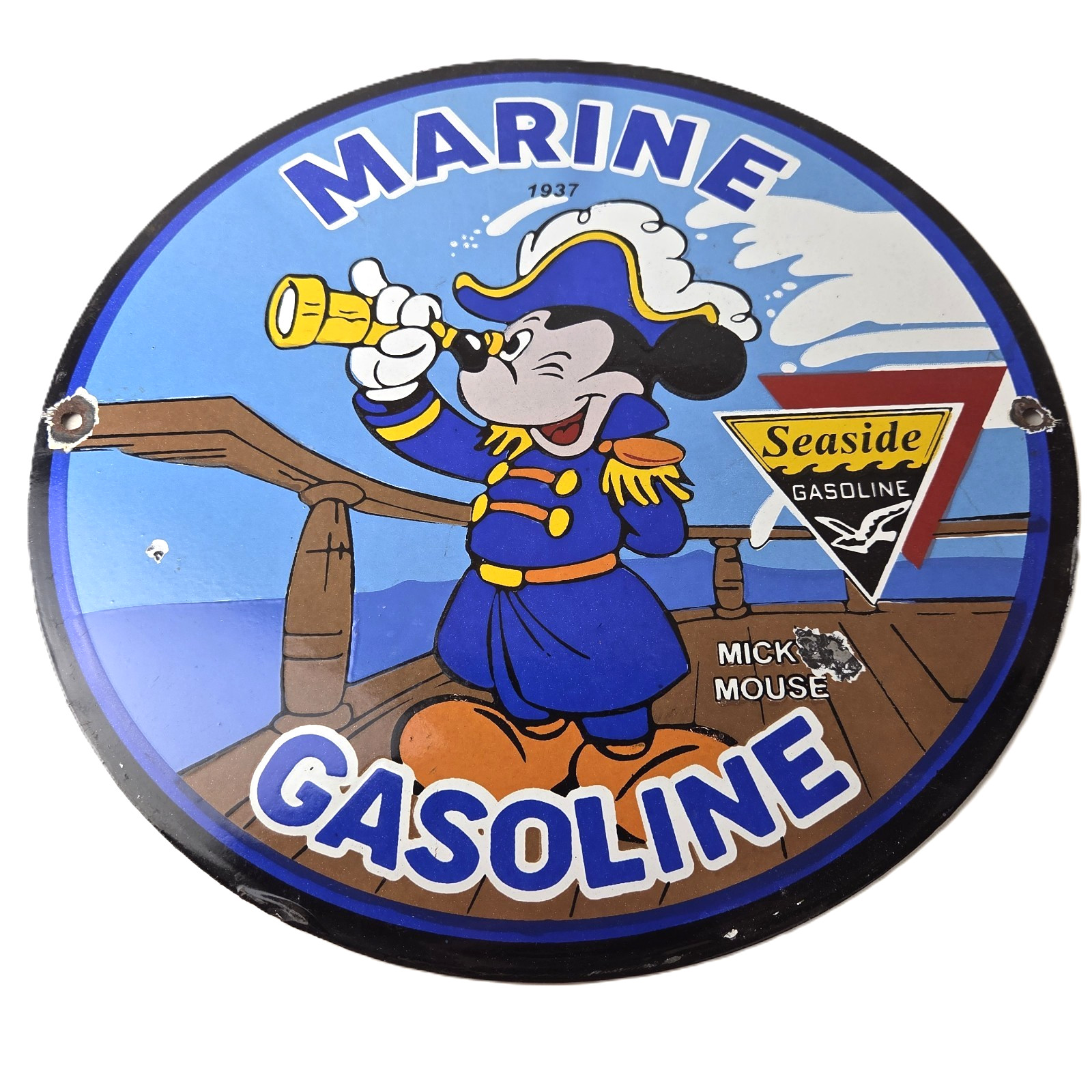 Vintage Marine Gasoline Sign - Mickey Mouse Porcelain Seaside Gas Oil Pump Sign