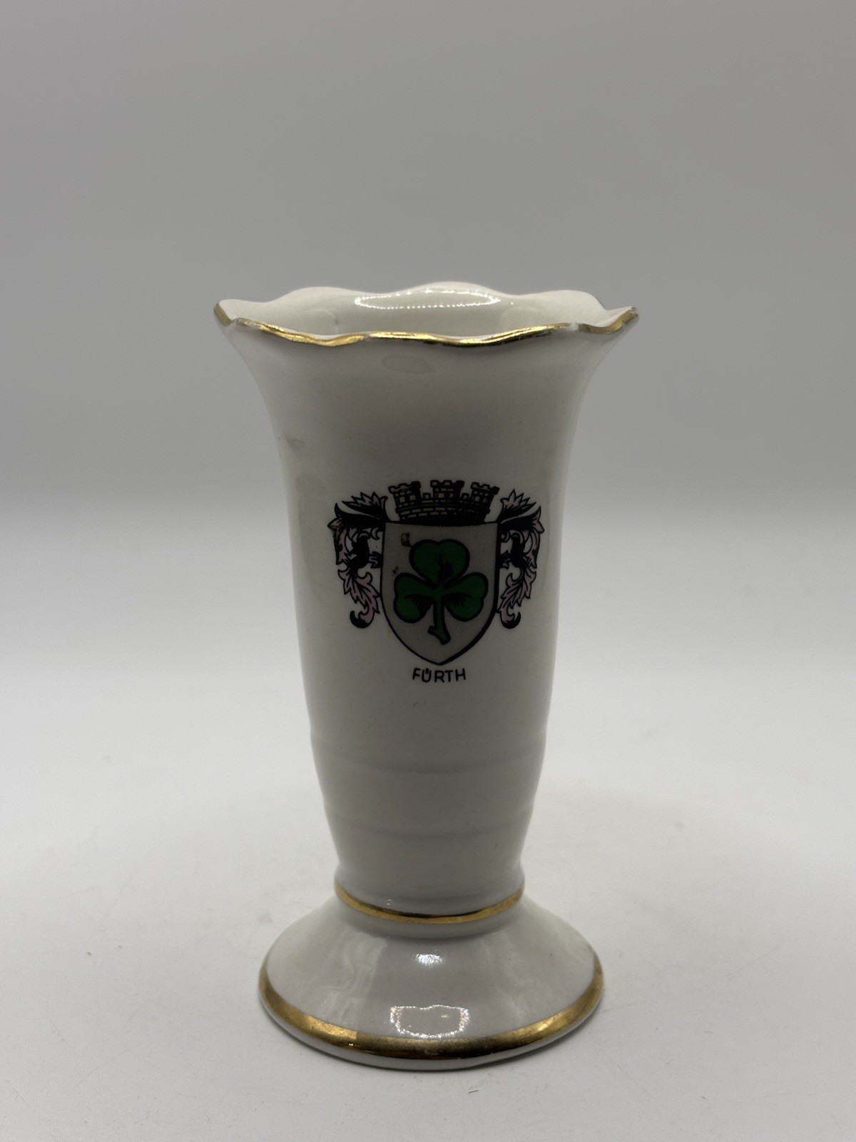 Vintage Fürth Germany Porcelain Bud Vase Gold Trim City Crest Souvenir 4” WK