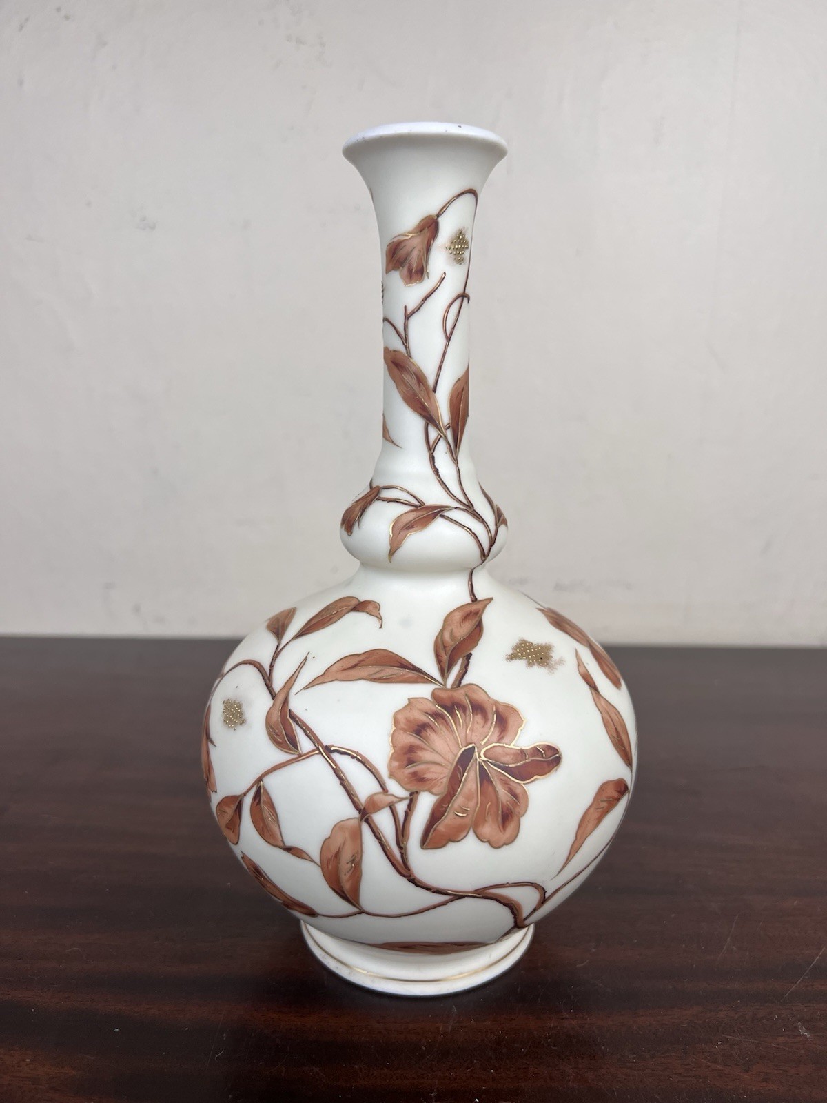 Antique Porcelain Matte Hand Painted Bottle Vase White Floral 9.25