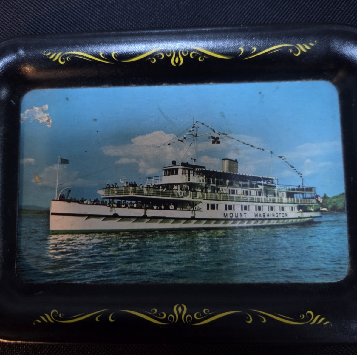 Vintage tin souvenir tray Ohio Art CO featuring MV Mt Washington and Post Card