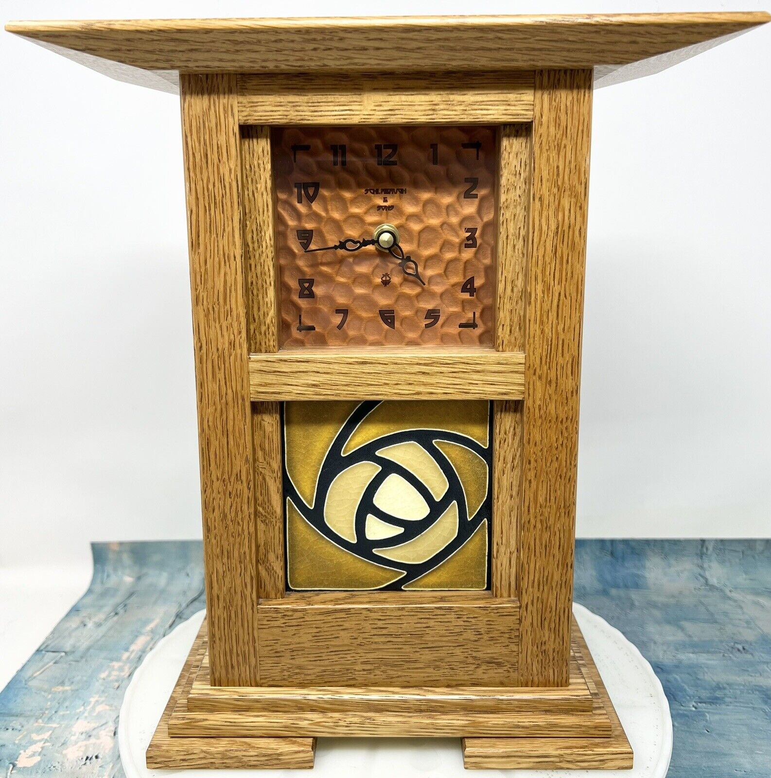Schlabaugh And Sons Arts Crafts Decorative Clock Motawi Tile Oak Finish Works