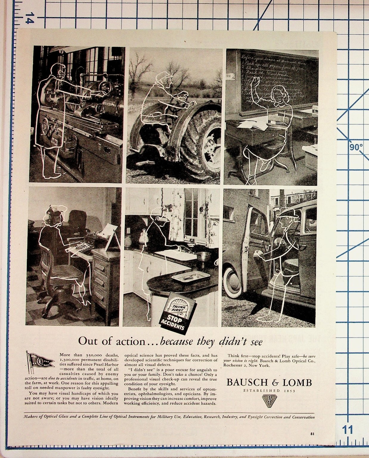 1940s Bausch & Lomb Optical Ad Eyesight Safety Accidents Print Ephemera 1940s Bausch & Lomb Optical Ad Eyesight Safety Accidents Print Ephemera