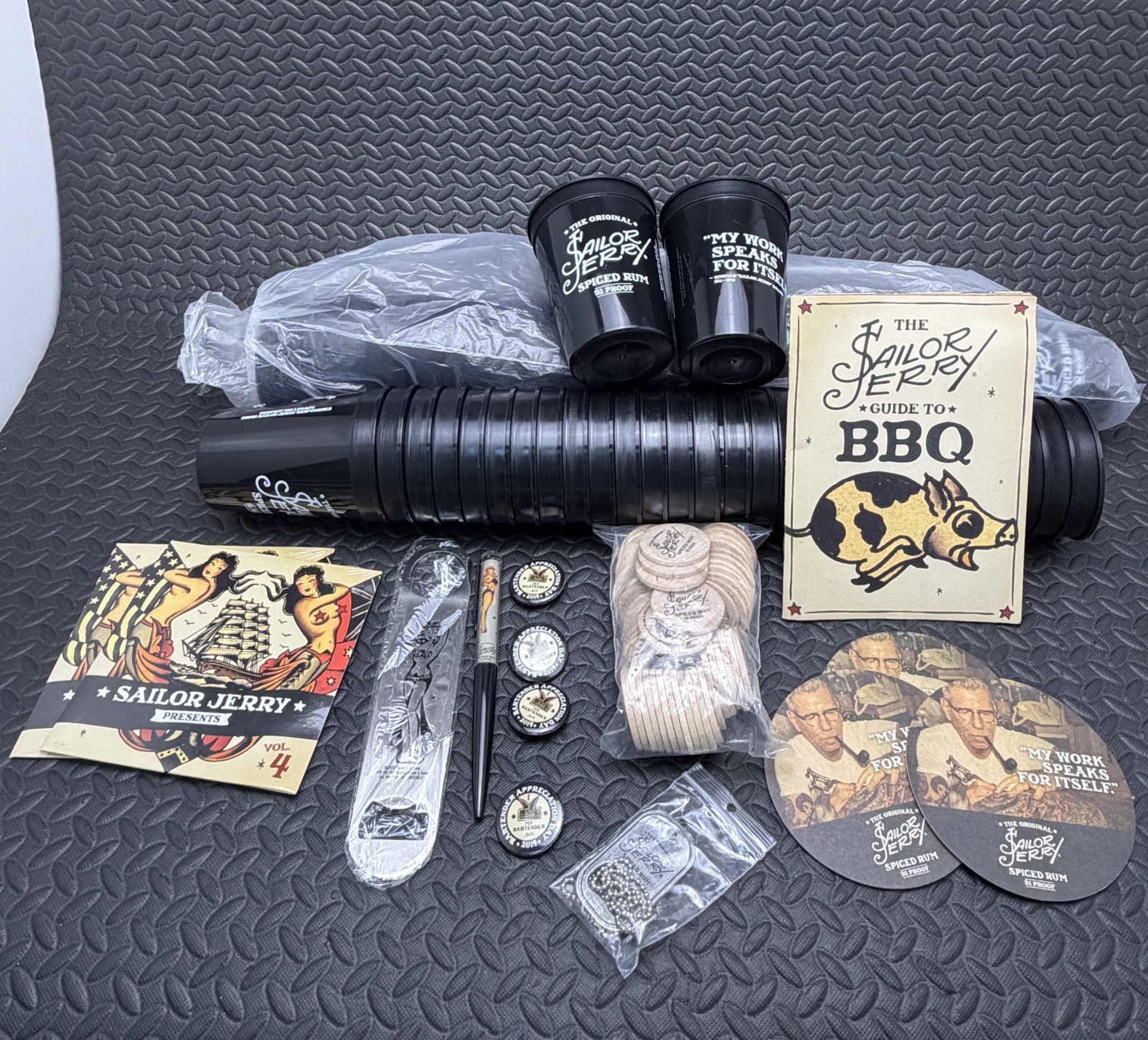Sailor Jerry Rum Promo Lot-BBQ Booklet-Cups-Pins-Pen-Tokens- Bottle Openers-CD\'s