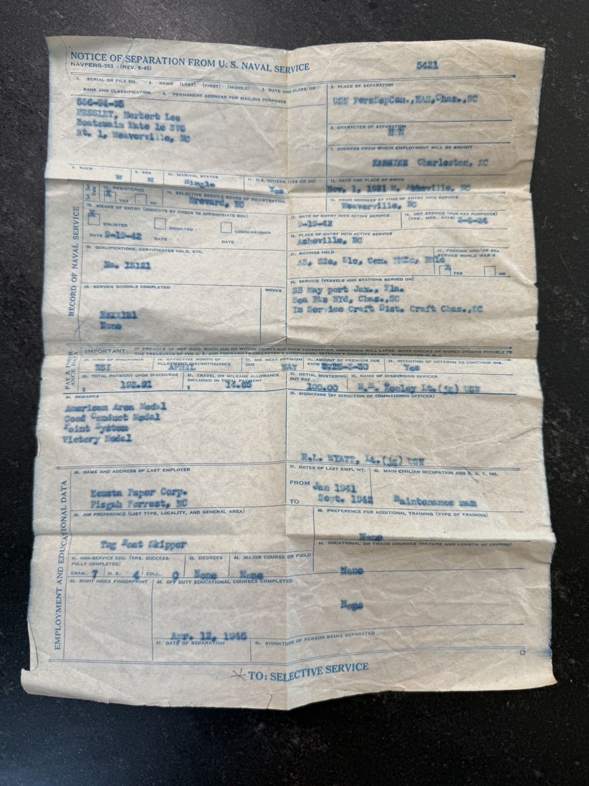WWII US Navy Notice of Separation NAVPERS-553 Herbert Lee Bradley BM1c 1946