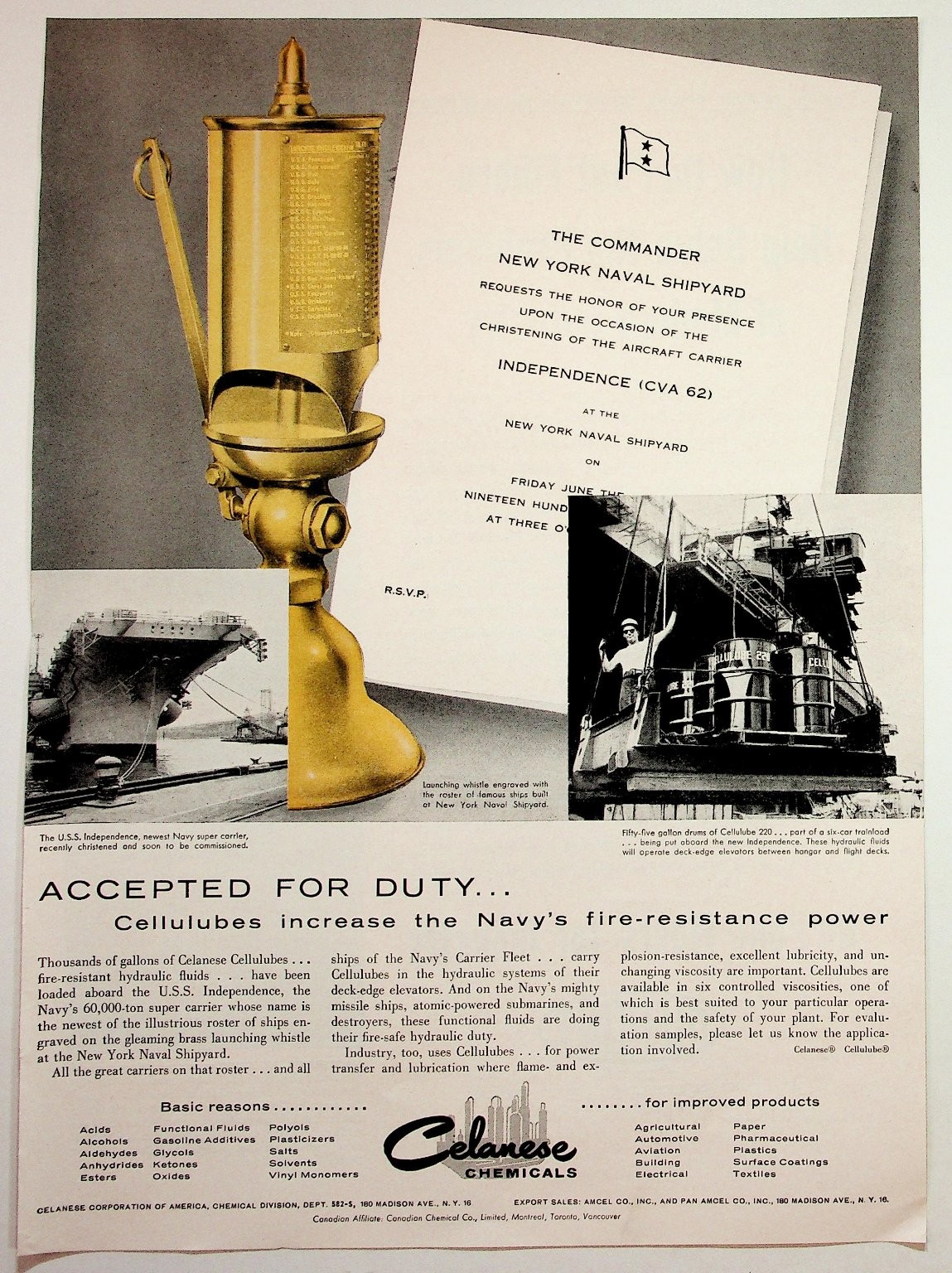 1958 USS Independence CVA-62 Christening Celanese Chemicals Ad Ephemera 1958 USS Independence CVA-62 Christening Celanese Chemicals Ad Ephemera