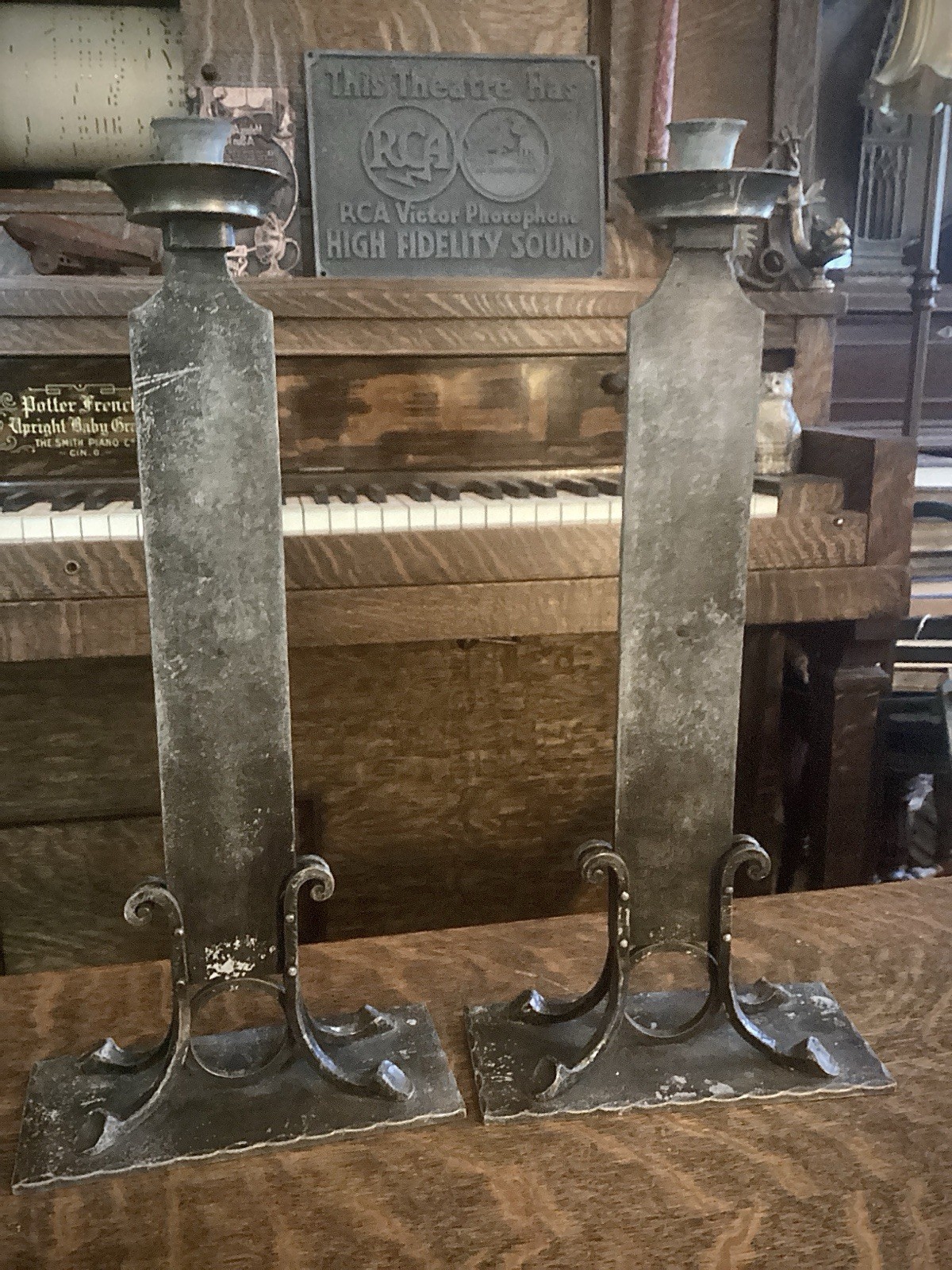 Antique Art Nouveau Candlesticks Pair Gothic Revival IHS Alter