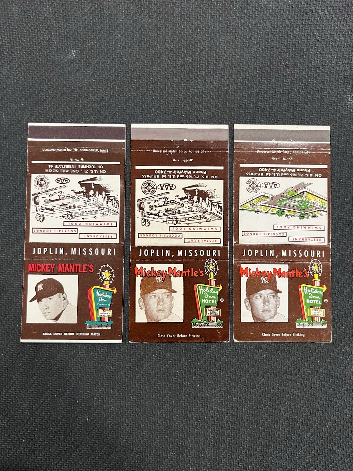 Mickey Mantle; 1960’s Holiday Inn Matchcovers, Set Of 3 Different. READ INFO