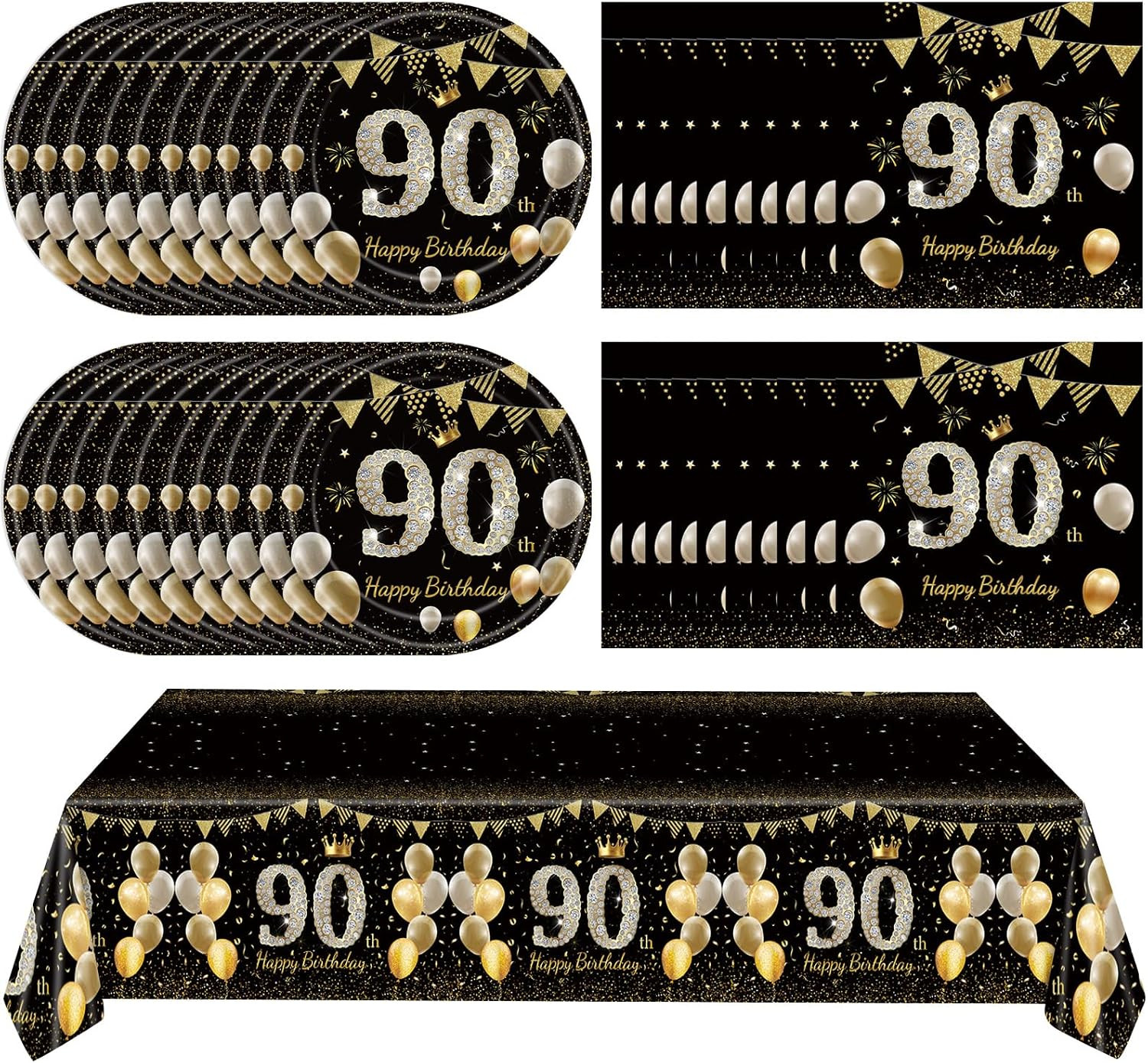 41 PCS 90th Birthday Decorations Men Women Black Gold Party Supplies Plates
