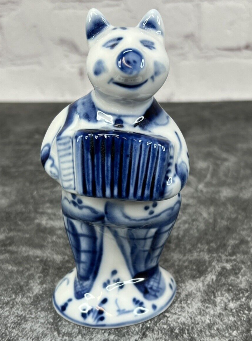 Vintage Gzhel Russian Porcelain Pig Playing Accordion Figurine Hand Made 4 3/4\