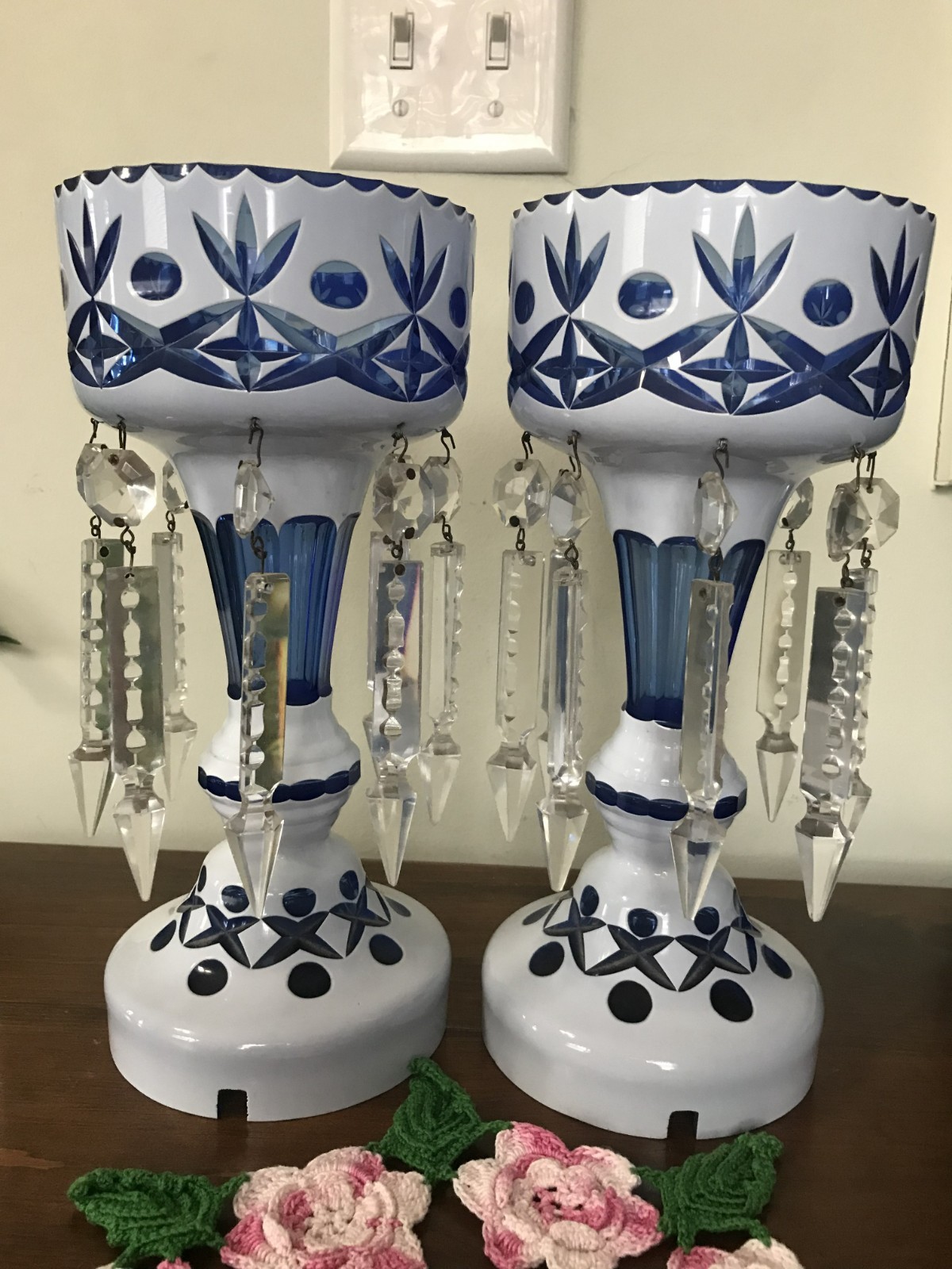 CZECH BOHEMIAN WHITE CUT TO BLUE GLASS MANTLE LUSTRES PAIR 